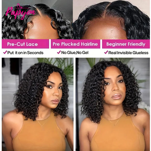 Curly Short Bob Wigs Glueless Wig Human Hair Ready To Wear Pre Plucked Pre Cut 4x4 Deep Curly Wigs For Women Water Wave